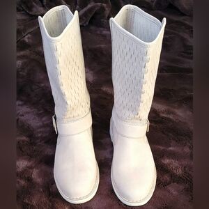 Ugg Shani Perforated Leather Mid-Calf Slip On Boots, beige, size 7.5